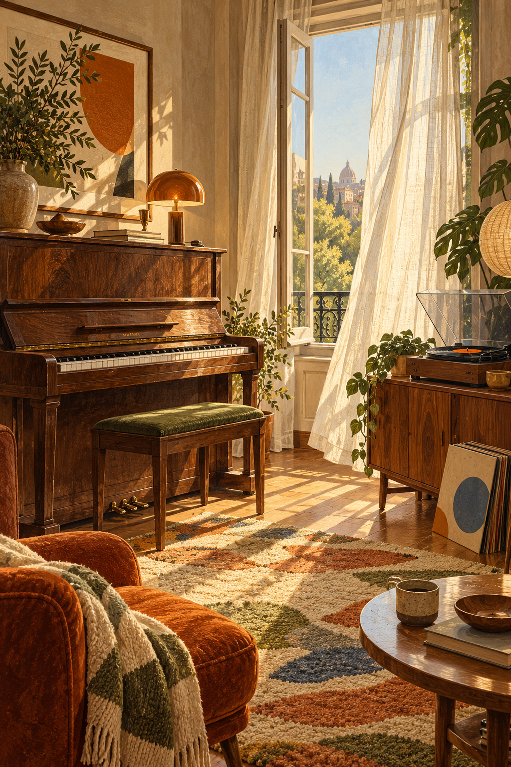 An upright wooden piano in a warm seventies room, a record player on a sideboard and gauzy curtains moving at an open window.