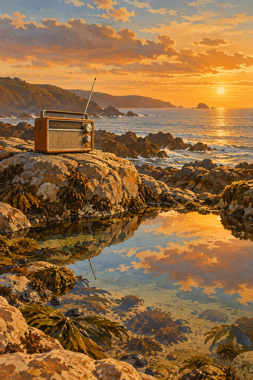 A small unbranded portable radio on a dry rock above a coastal tidal pool, late afternoon sky reflected in water, warm seventies travel illustration.
