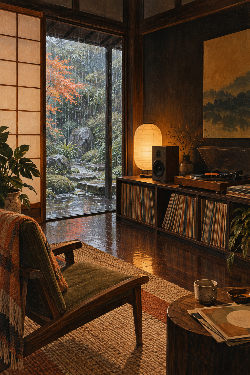 Rainy garden glimpsed through a simple paper screen, dark timber listening room with low record shelves and an unbranded player.
