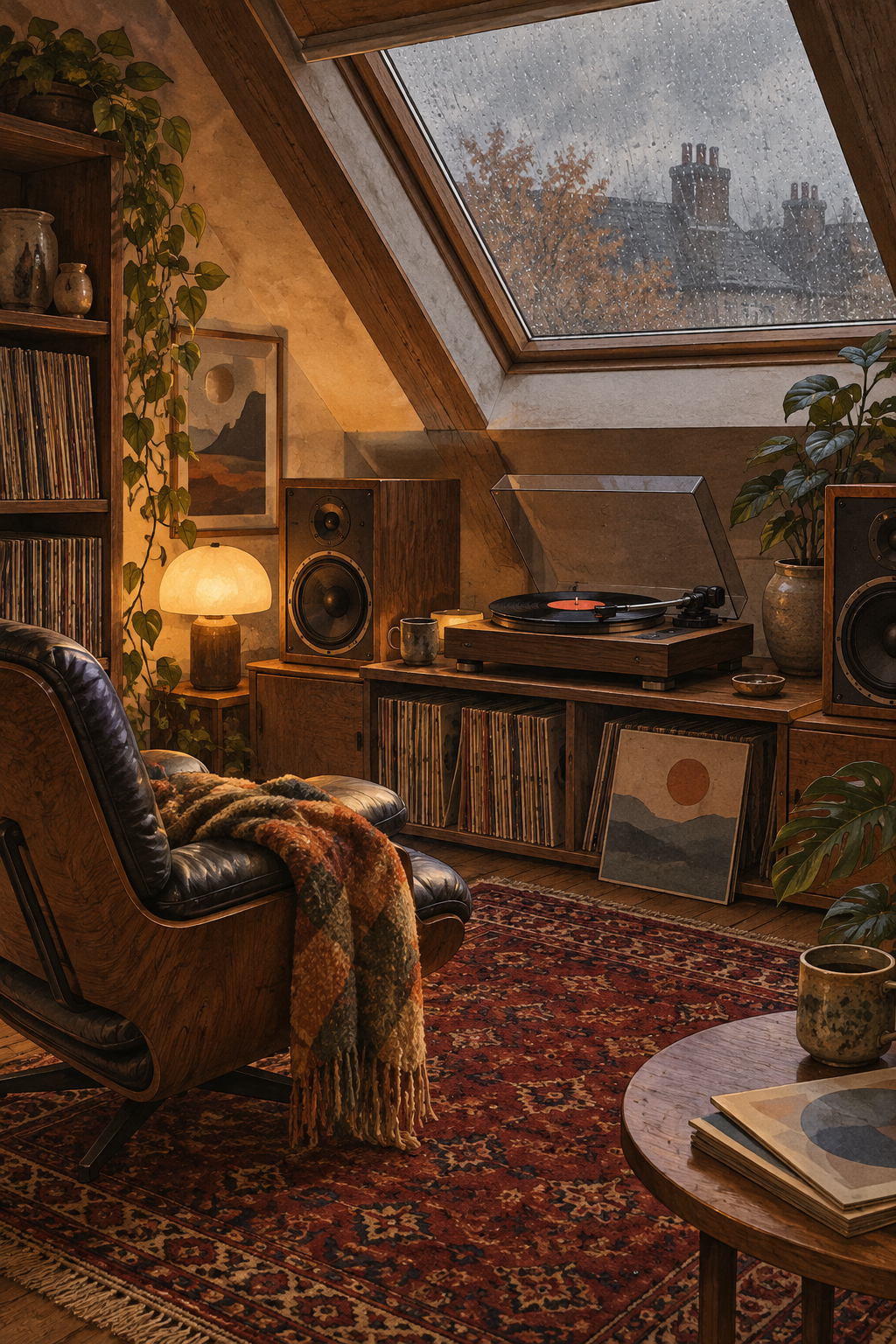 A quiet attic listening corner beneath a rain-speckled skylight, burgundy rug, walnut speakers and a record resting on the player.