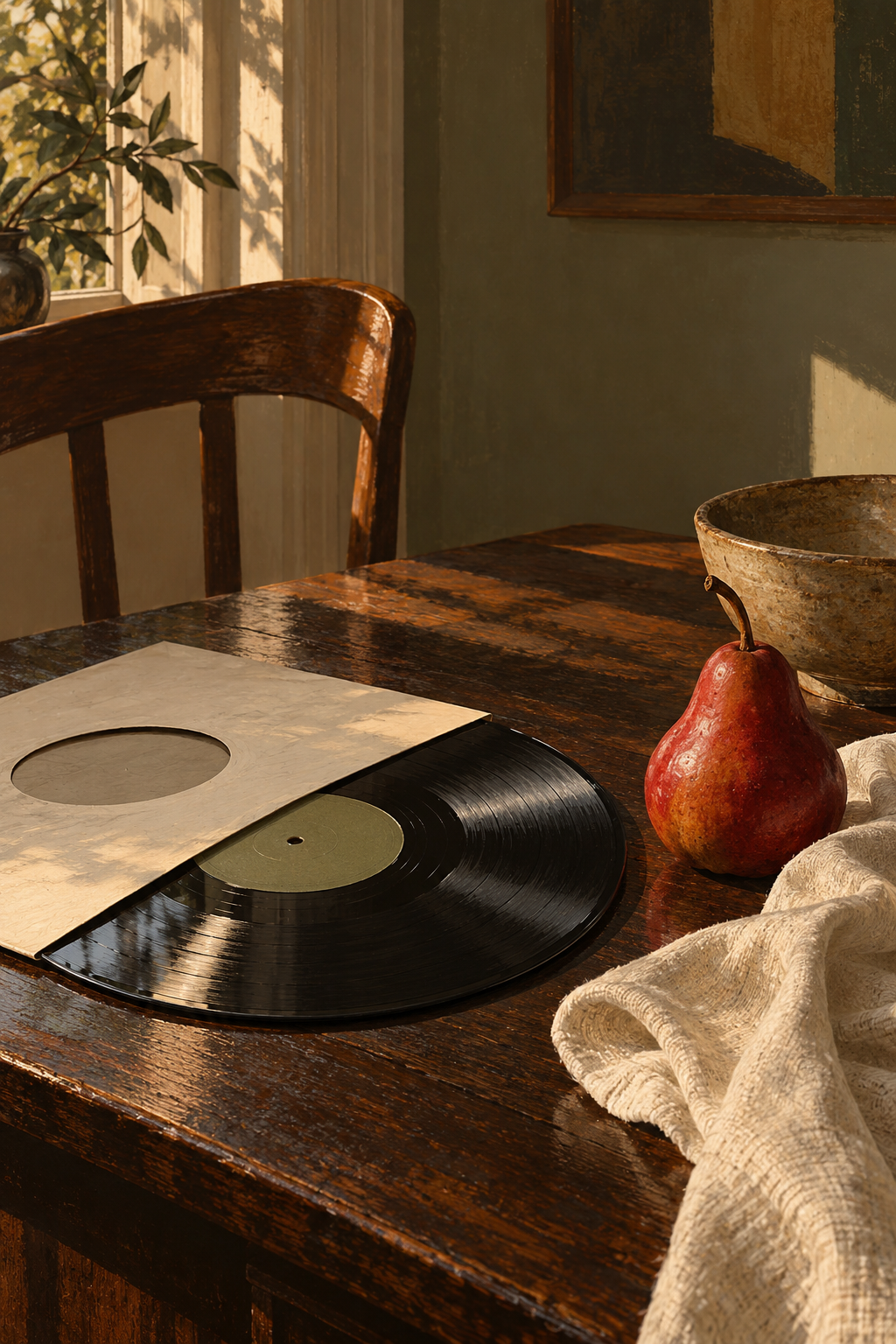 A glossy black record in a plain sleeve, one red pear and cream linen on a dark wooden table, restrained painterly still life.