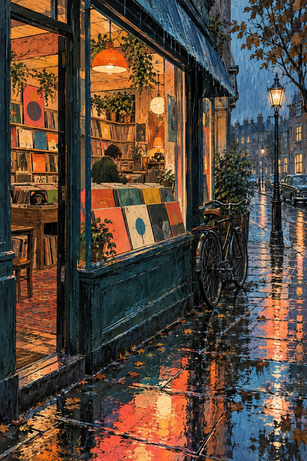 Rainy pavement reflects the warm window of a neighbourhood record shop.