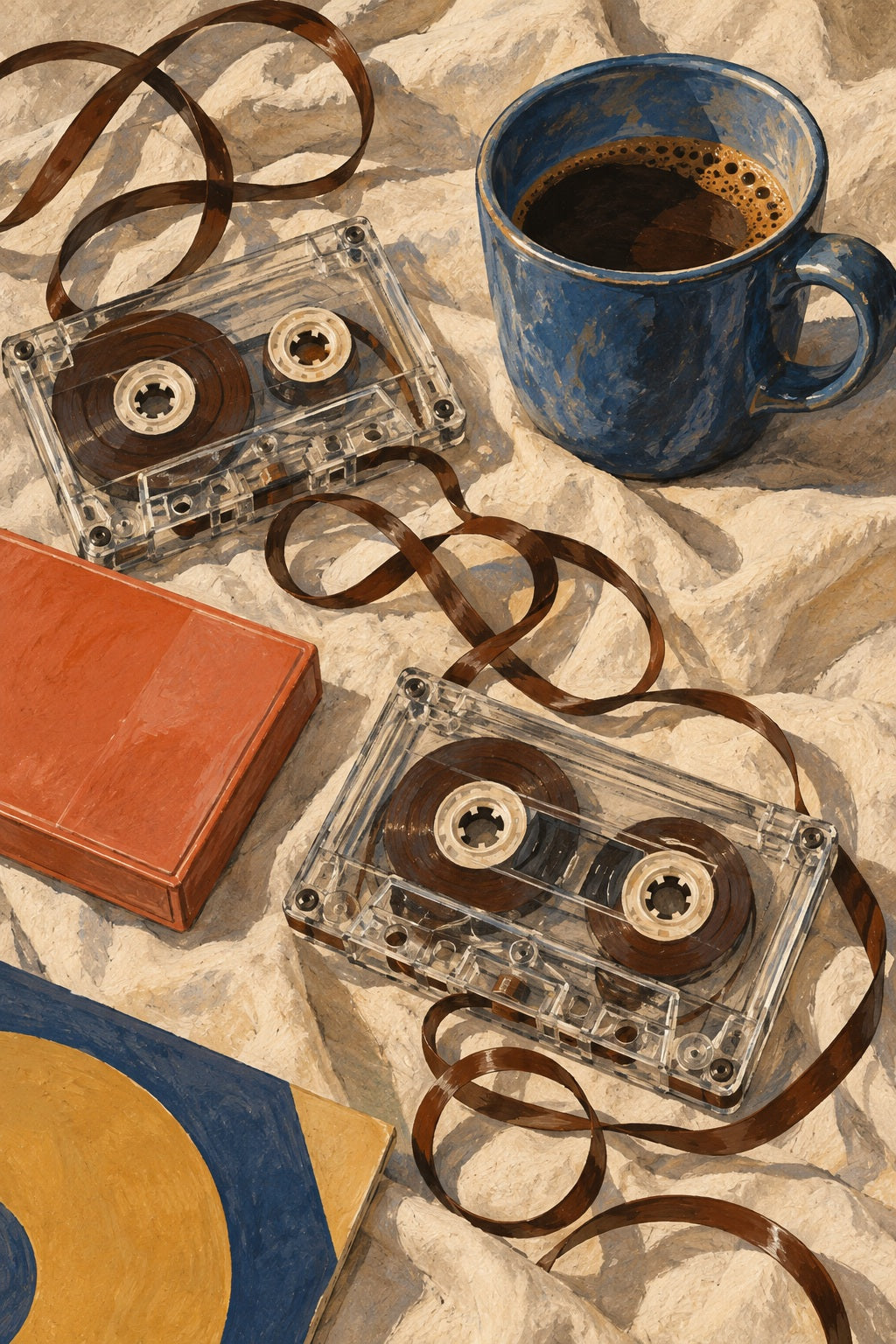 Clear cassettes, a looping ribbon of tape and a blue coffee cup rest on cream linen.