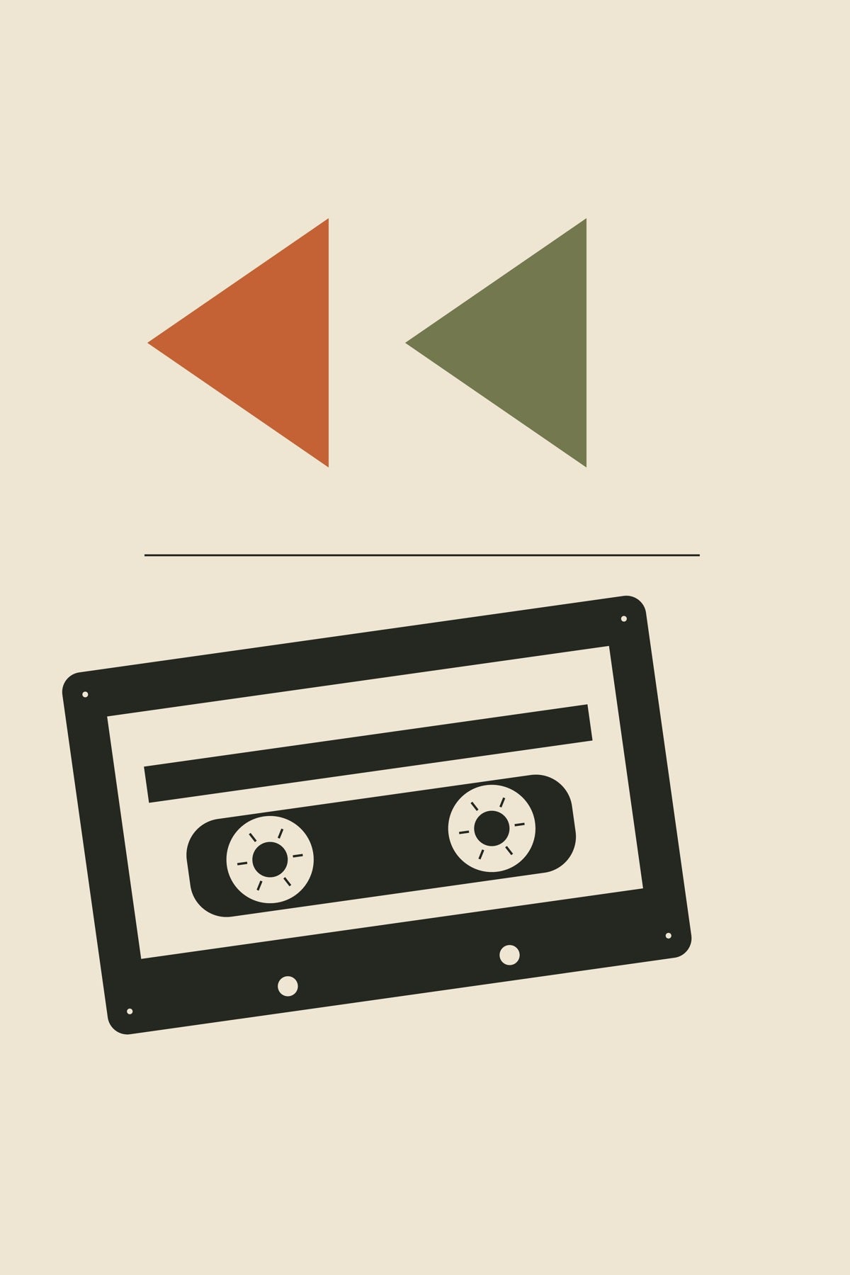 Two rewind triangles hover above a tilted black cassette.