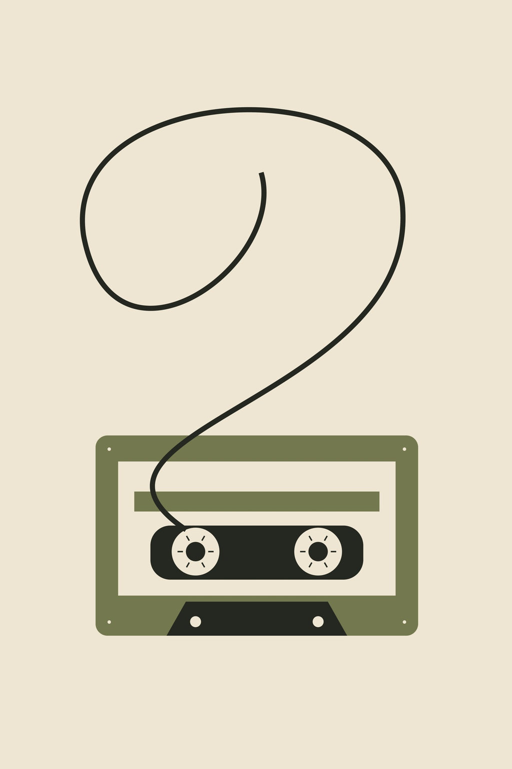 A loose black tape ribbon unfurls above a small olive cassette.