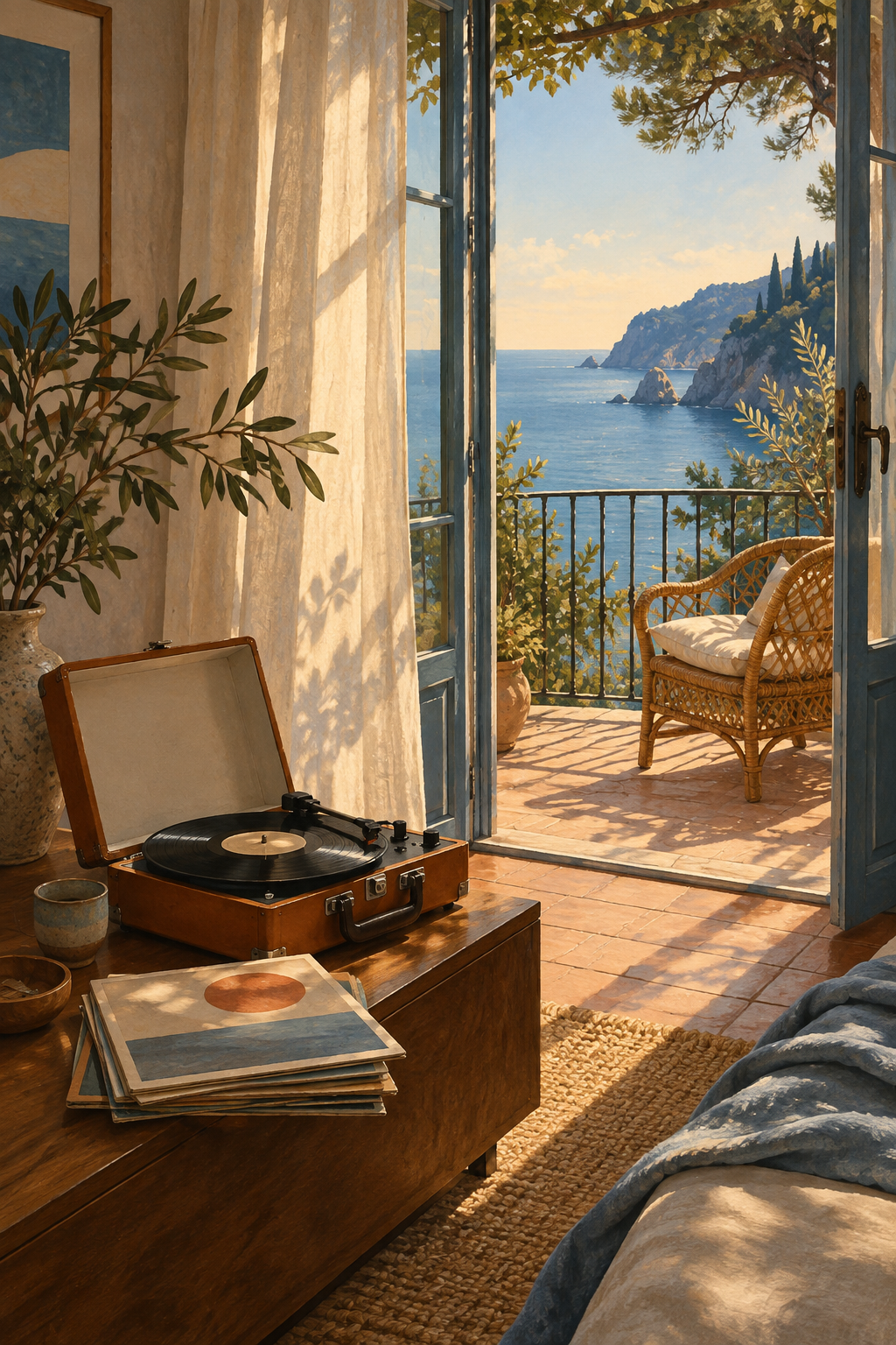 A wicker balcony chair overlooking a quiet sea, portable record player safely indoors beside open doors, cream linen curtain and blue shadows.
