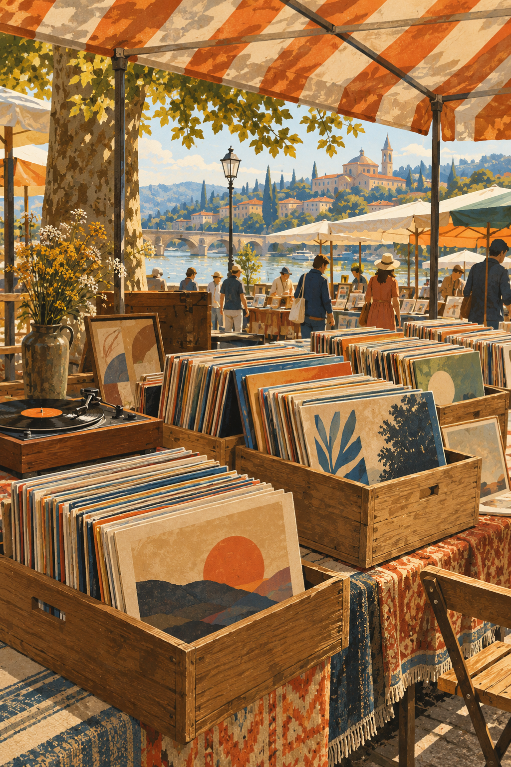 An outdoor secondhand vinyl stall, wooden crates and colourful unlettered sleeves under a striped canopy, distant faceless silhouettes.