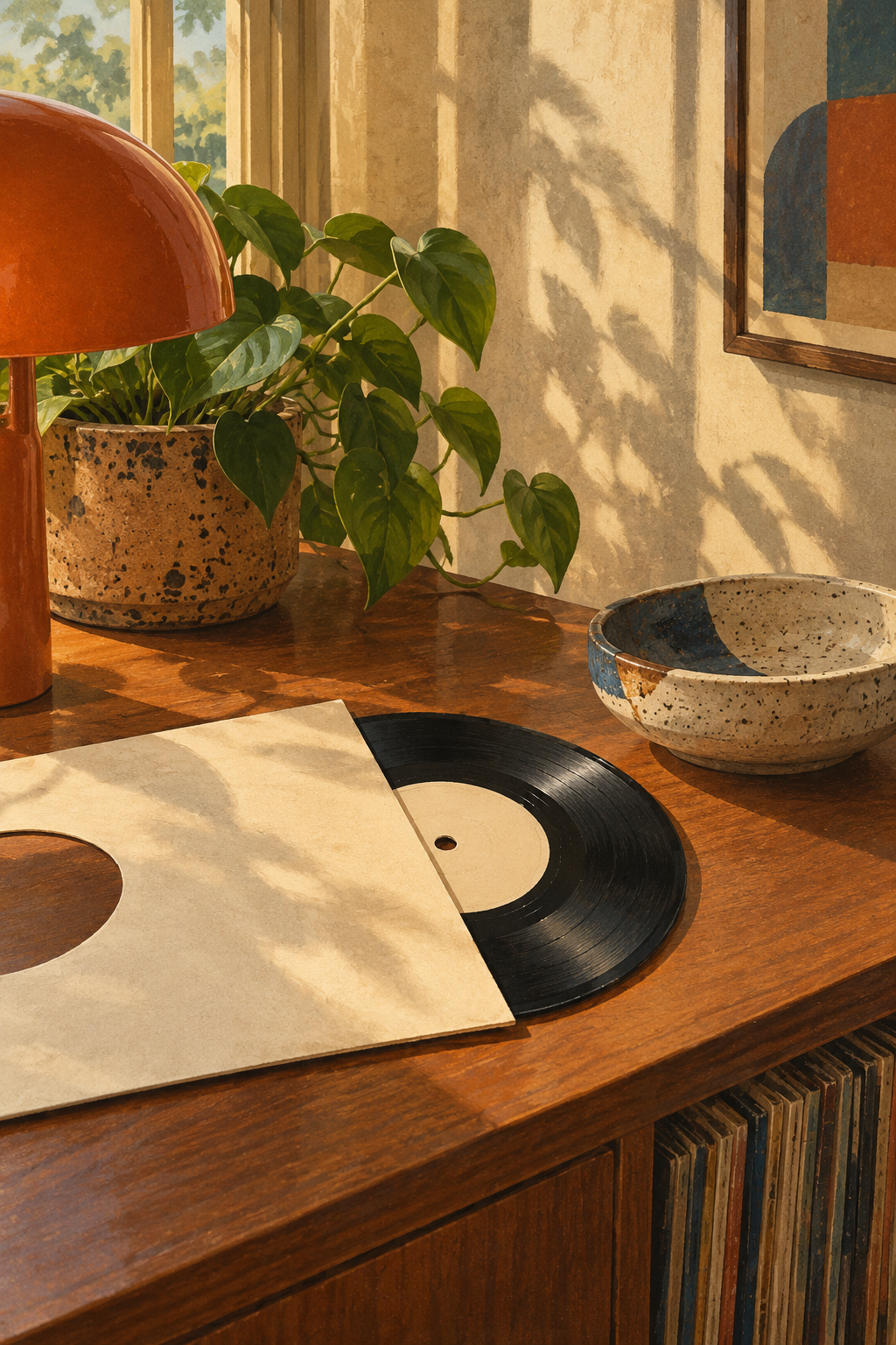 A small black vinyl single half withdrawn from its plain cream sleeve, a ceramic dish and soft window shadow, intimate still life.