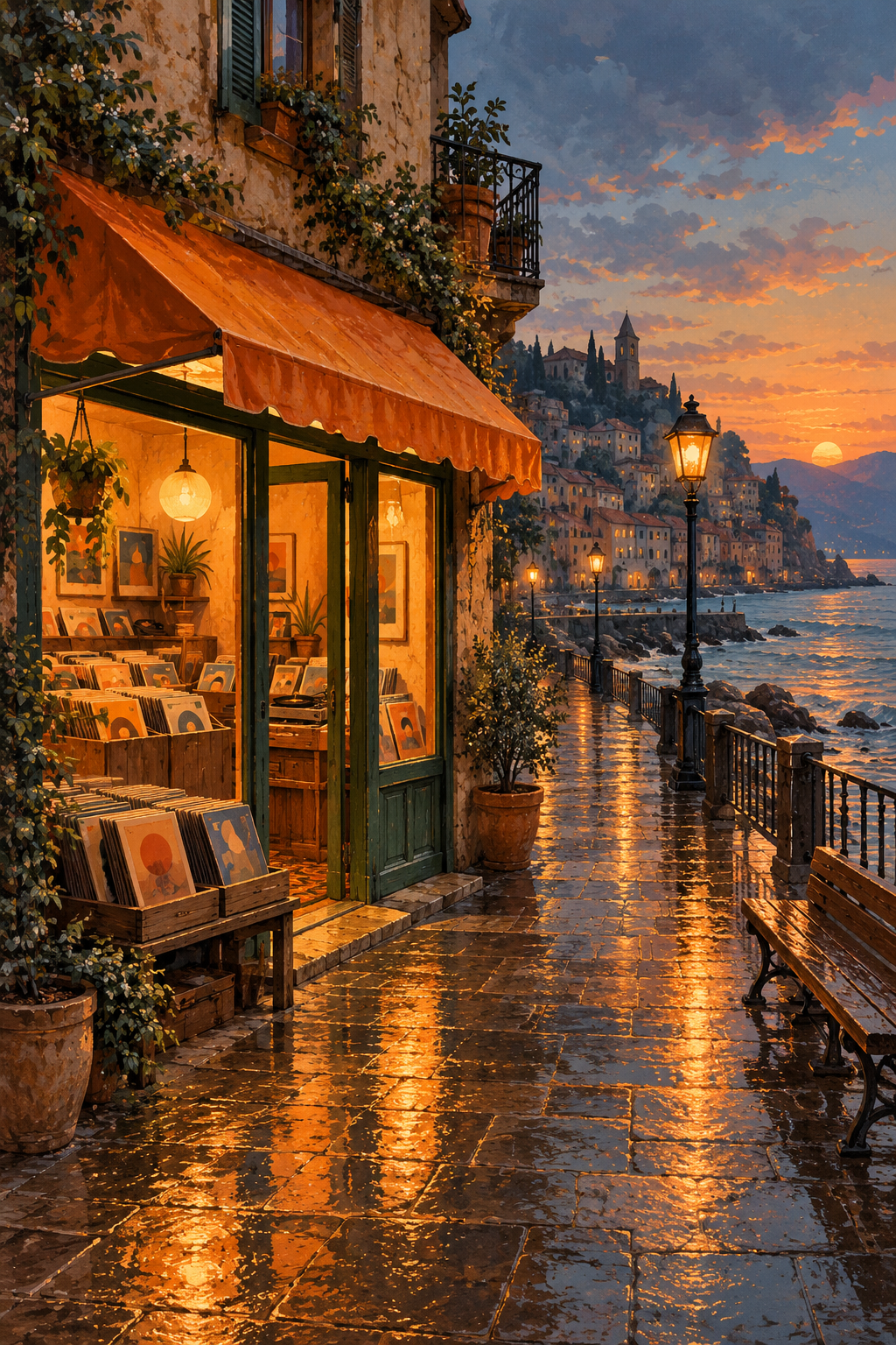 A rain-washed seaside promenade with a tiny anonymous record shop glowing beneath an orange awning, no words, gentle evening sky.