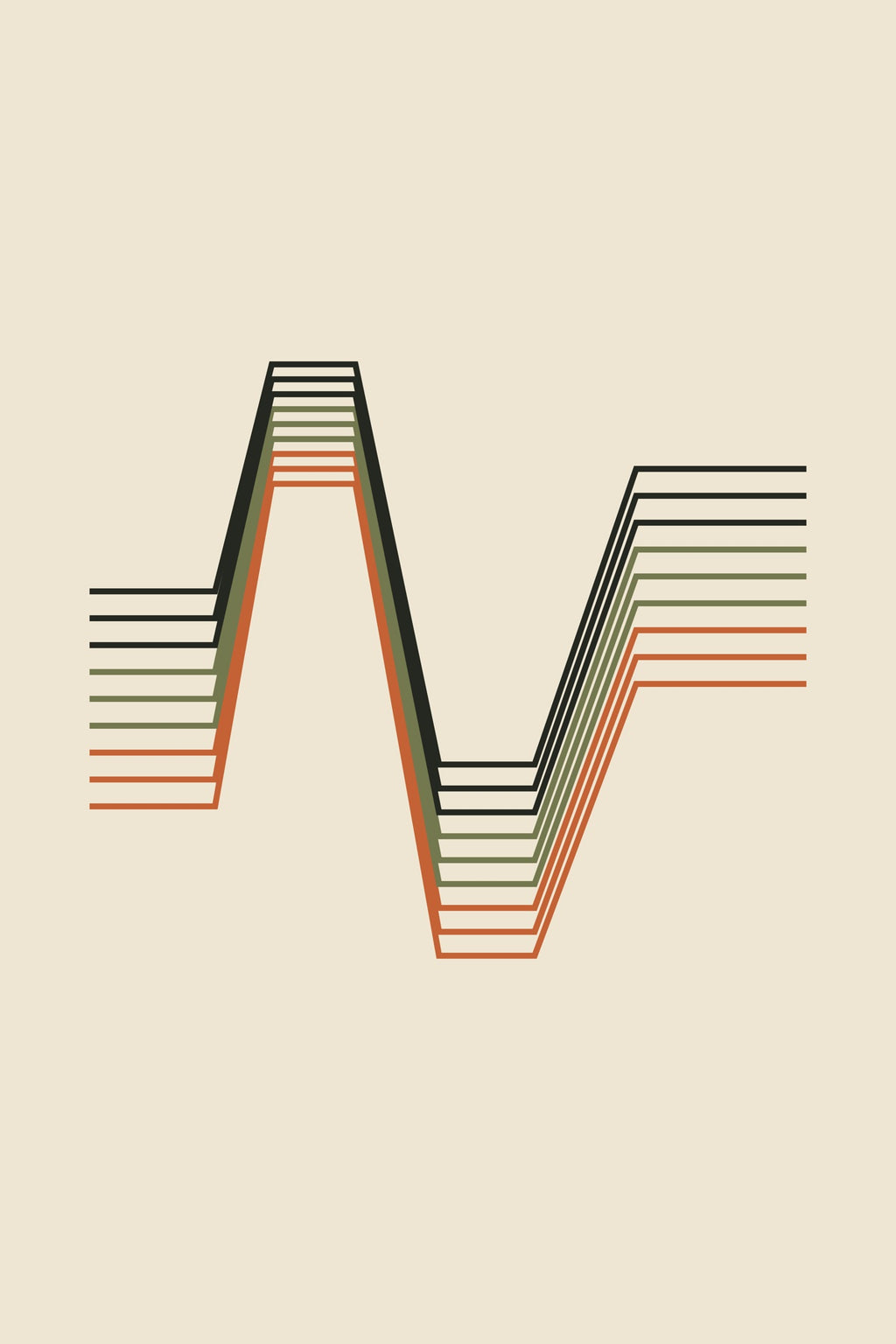 Nine angular signal lines climb, pause and fall in black, olive and orange.