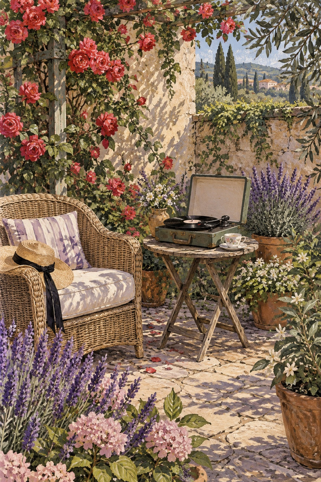 A portable record player and teacup bring music to a quiet flower-filled patio.