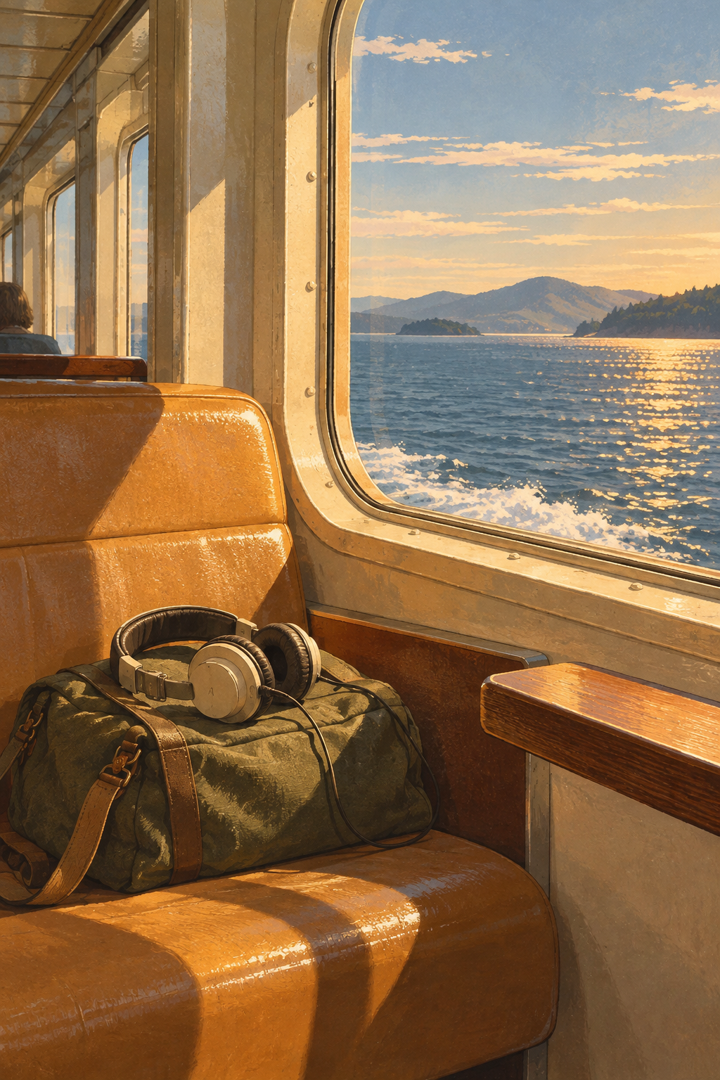 A tan vinyl ferry seat, unbranded headphones on a closed bag and a view of the sea through a rounded window, warm late summer.