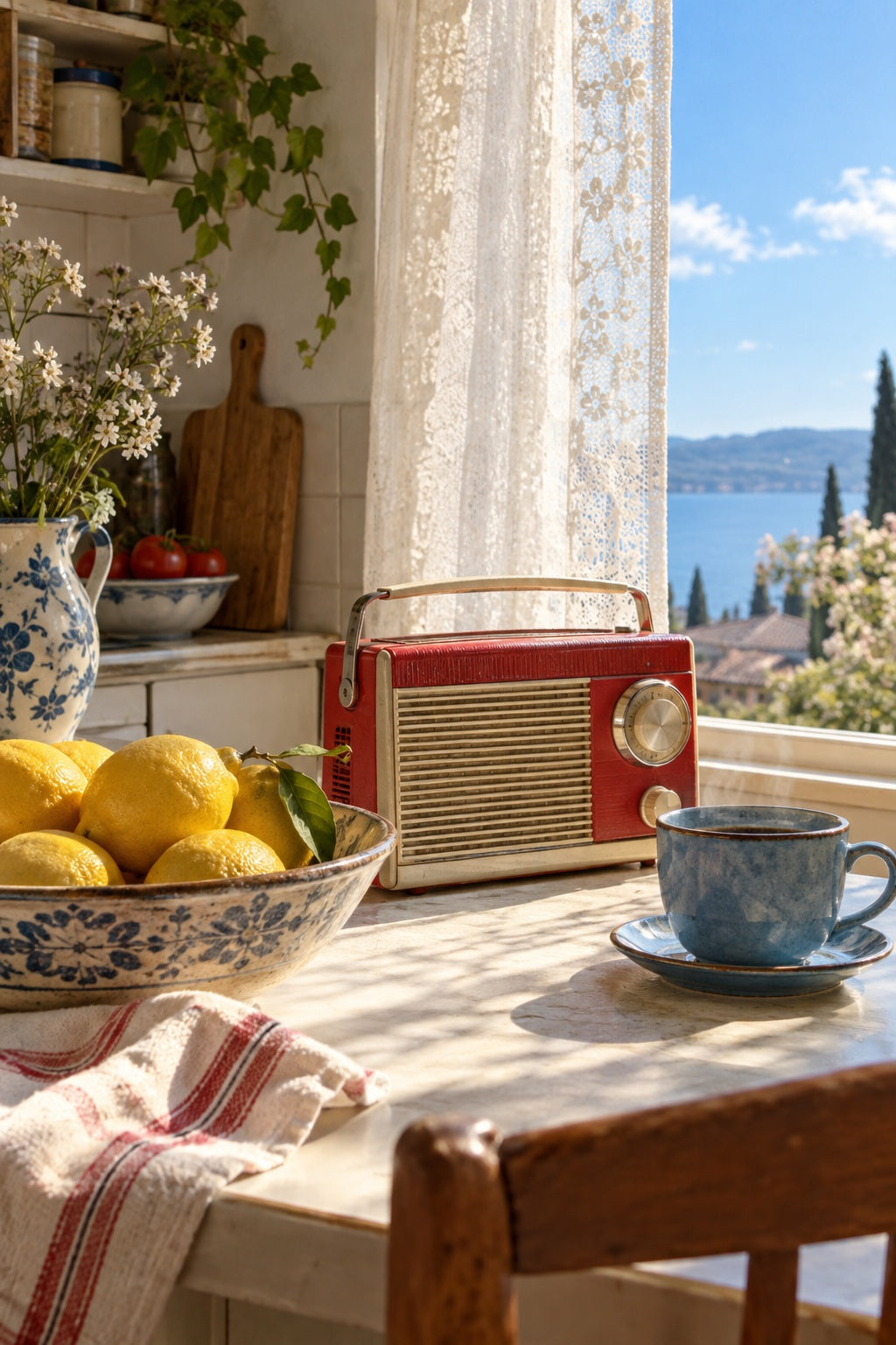 A red and cream radio, blue coffee cup and lemons brighten a sunlit kitchen table.
