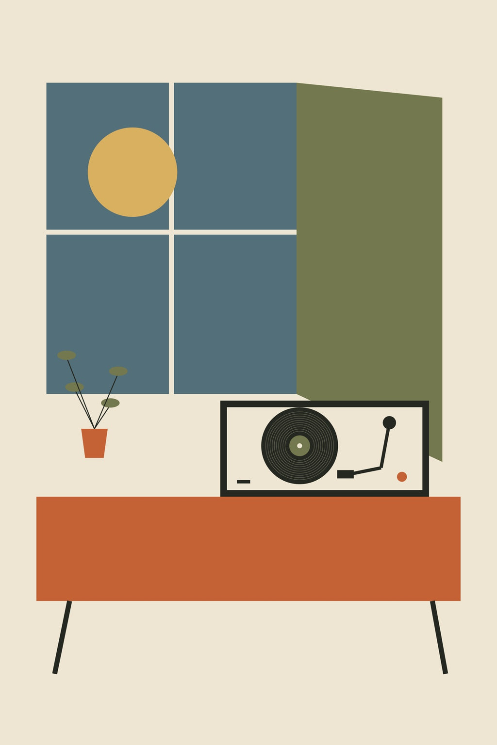 An open window, small plant and low orange cabinet bring air into a listening room.