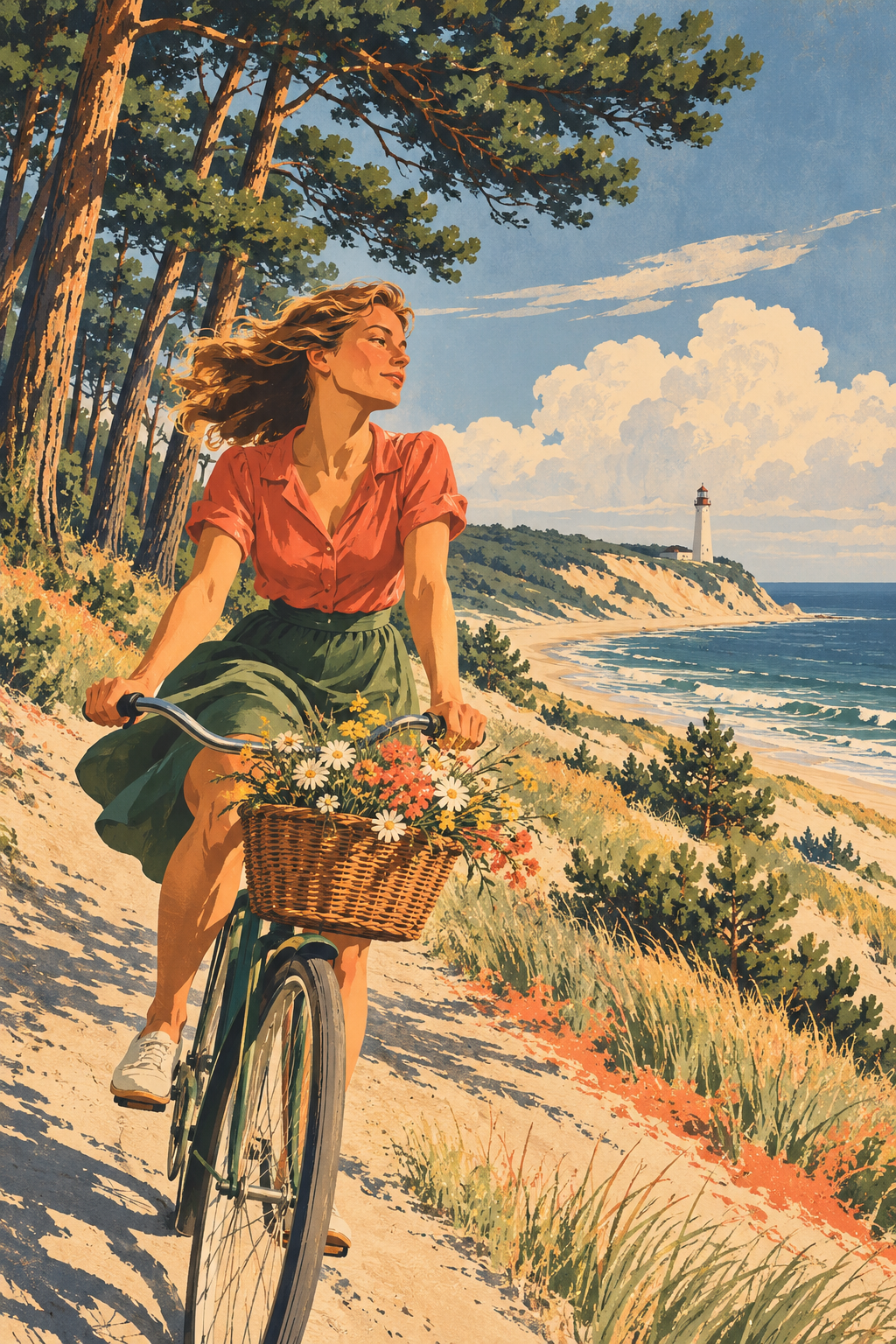 A cyclist with a basket of flowers follows a coastal path beside pine trees and a distant lighthouse.