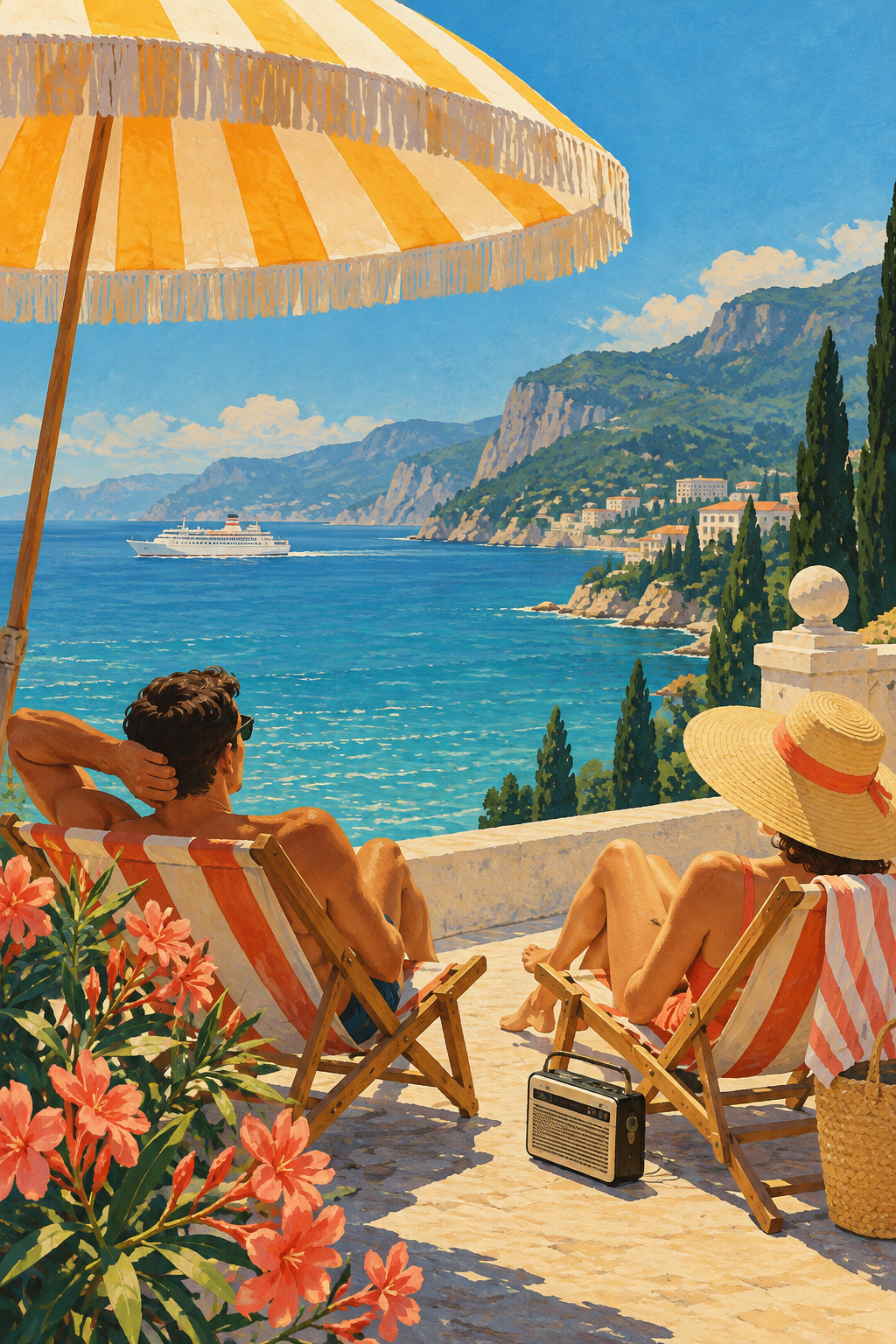 Striped deckchairs, a sunshade and a portable radio overlook a brilliant blue sea and distant passenger ship.