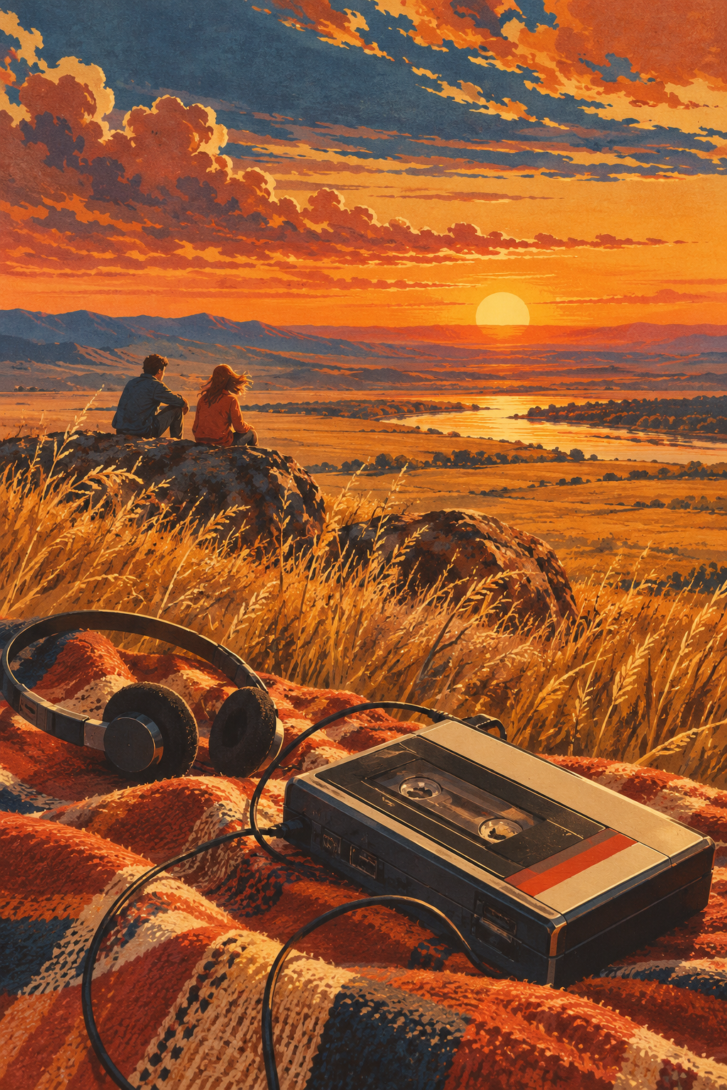 A cassette player and headphones rest on a picnic blanket above a golden landscape at sunset.