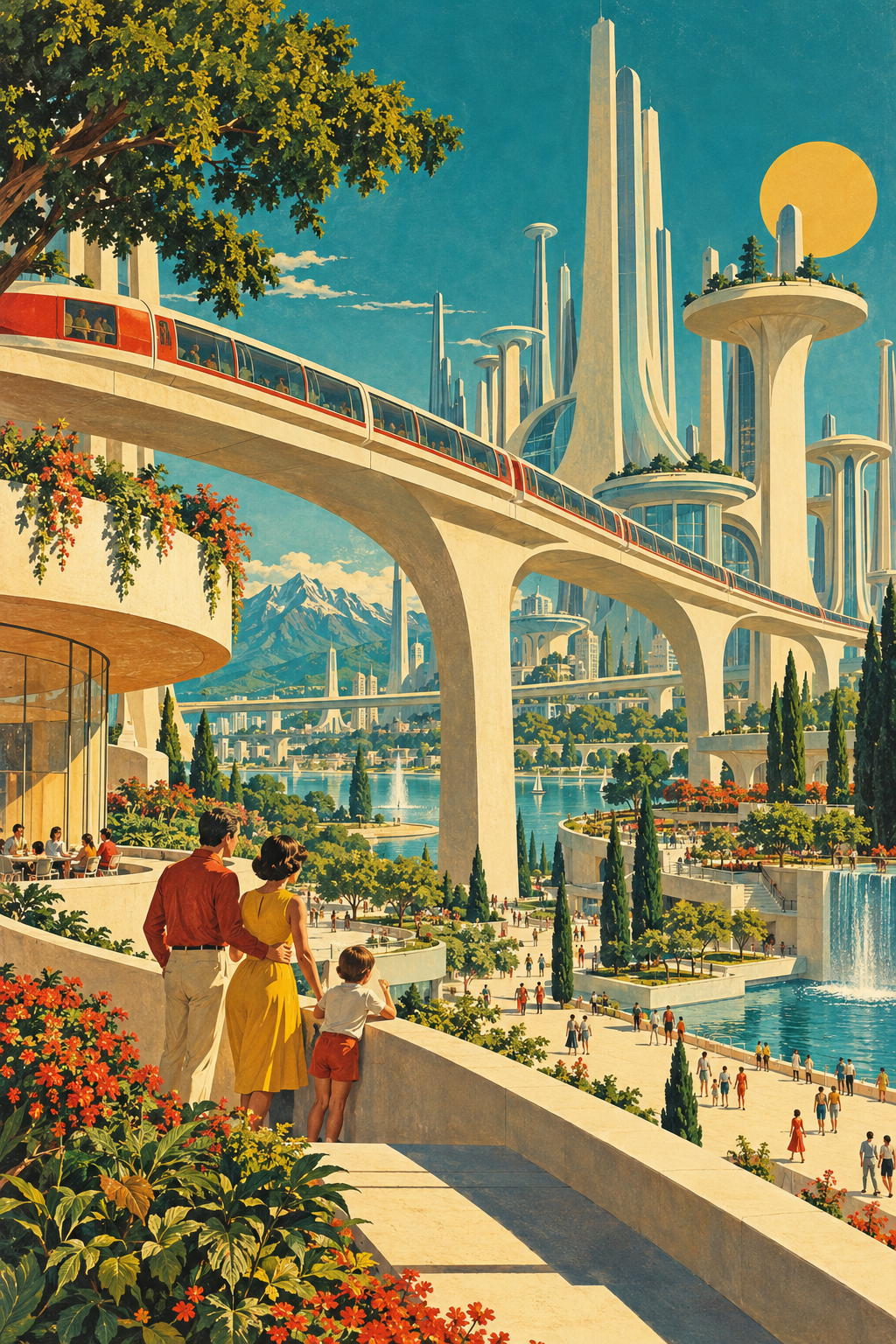 An imagined future city combines elevated trains, sculptural towers, gardens and a bright waterfront.