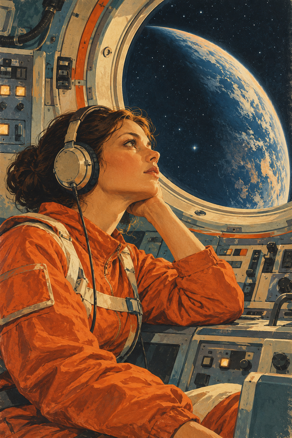 A headphone-wearing cosmonaut gazes towards Earth through the round window of an orbital station.