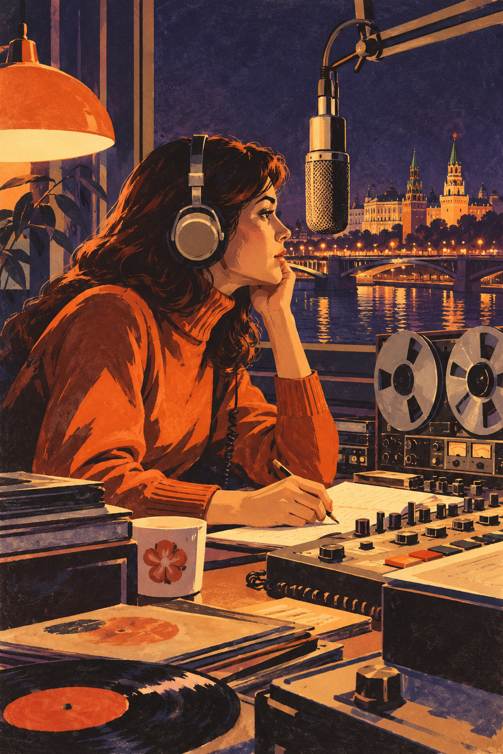 A radio presenter works beside a microphone, tape reels and a glowing city view.