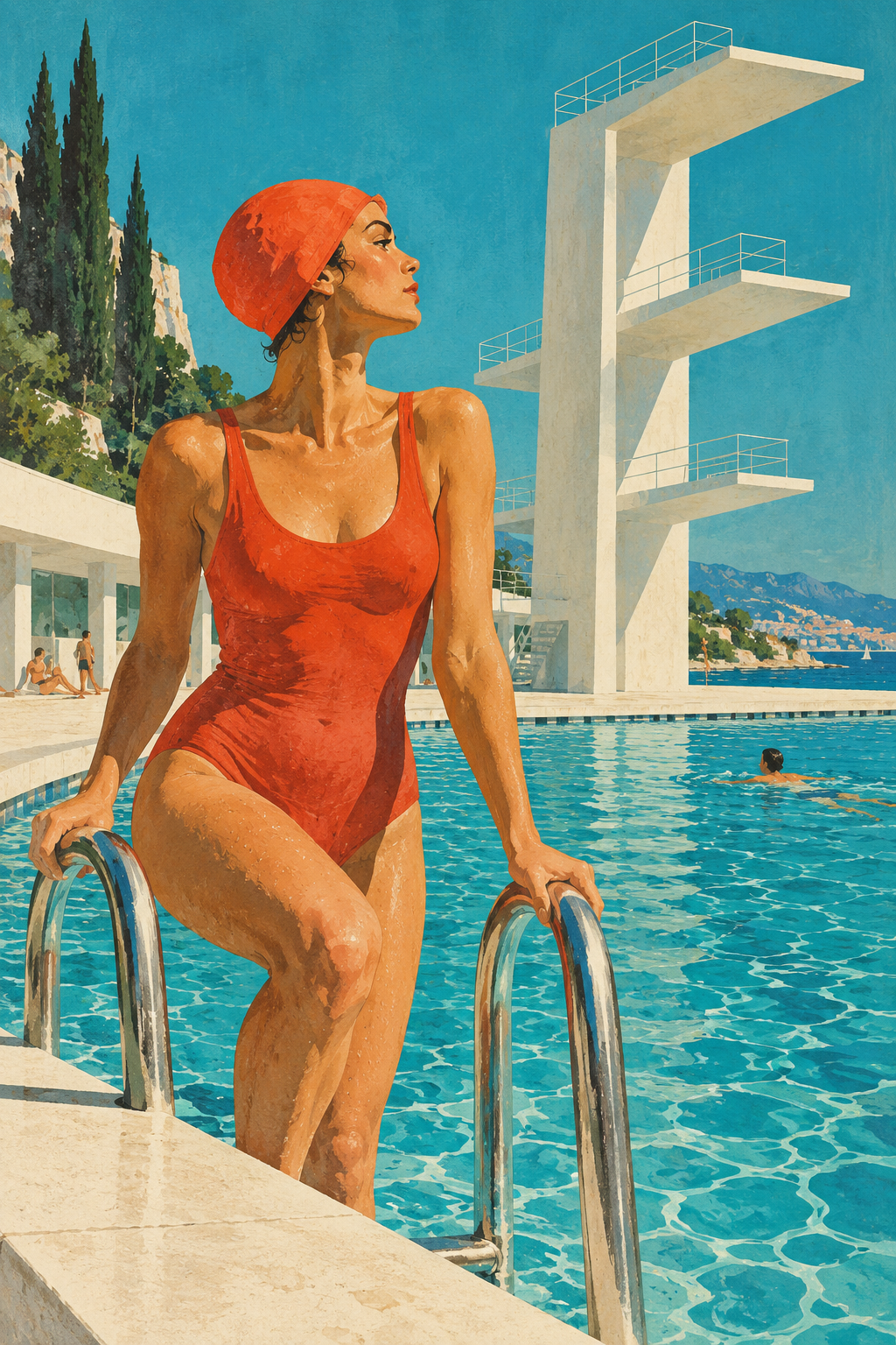 A swimmer in a red cap pauses beside a turquoise outdoor pool and modernist diving tower.