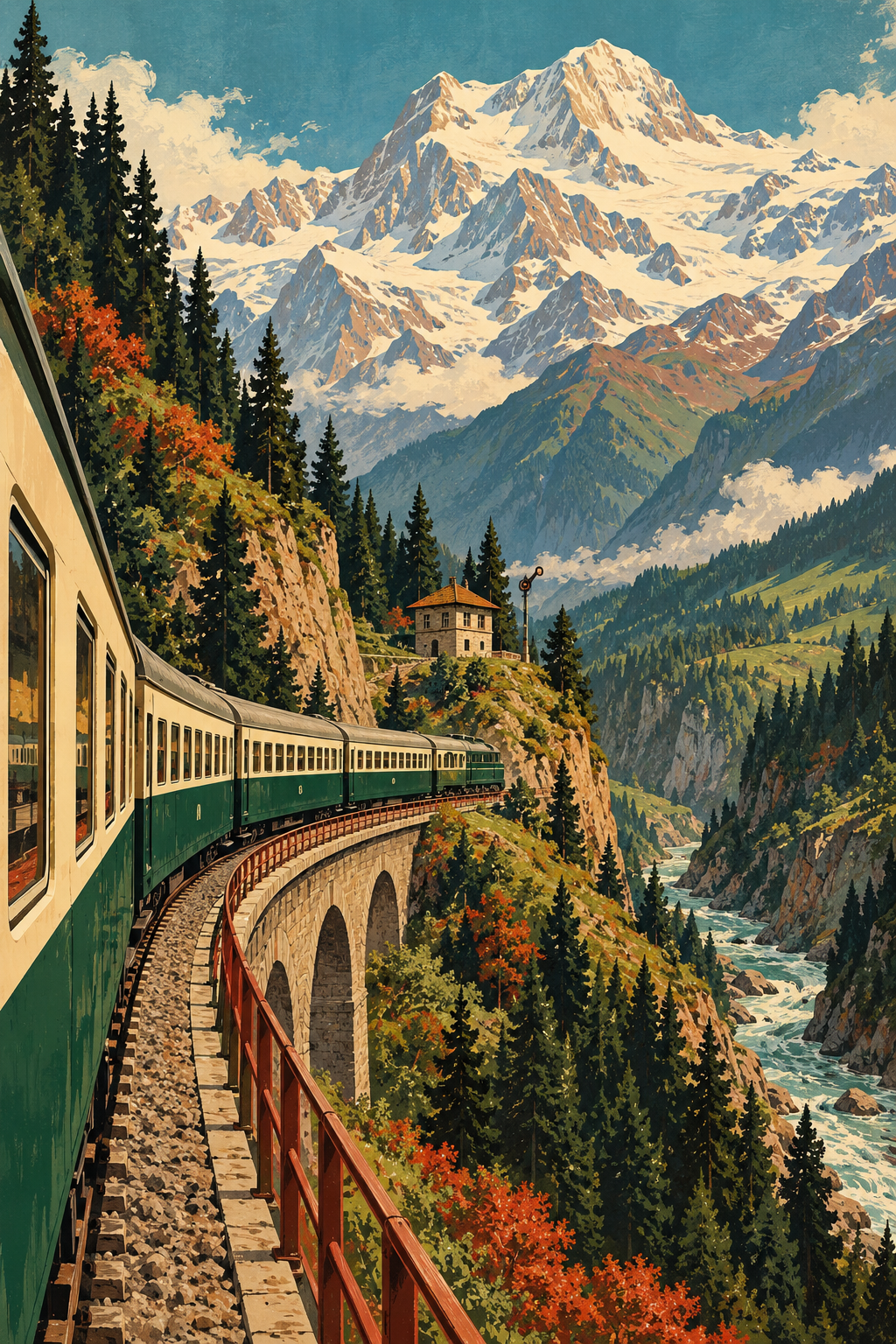 A green-and-cream passenger train curves through forested mountains above a rushing river.