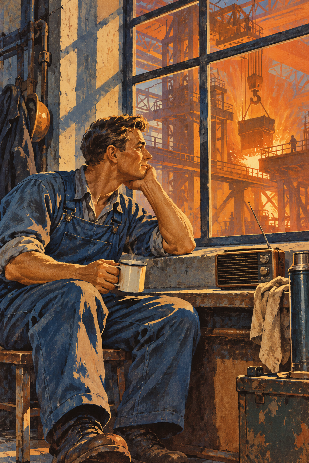 A worker takes a tea break beside a portable radio, with an orange-lit factory beyond the window.