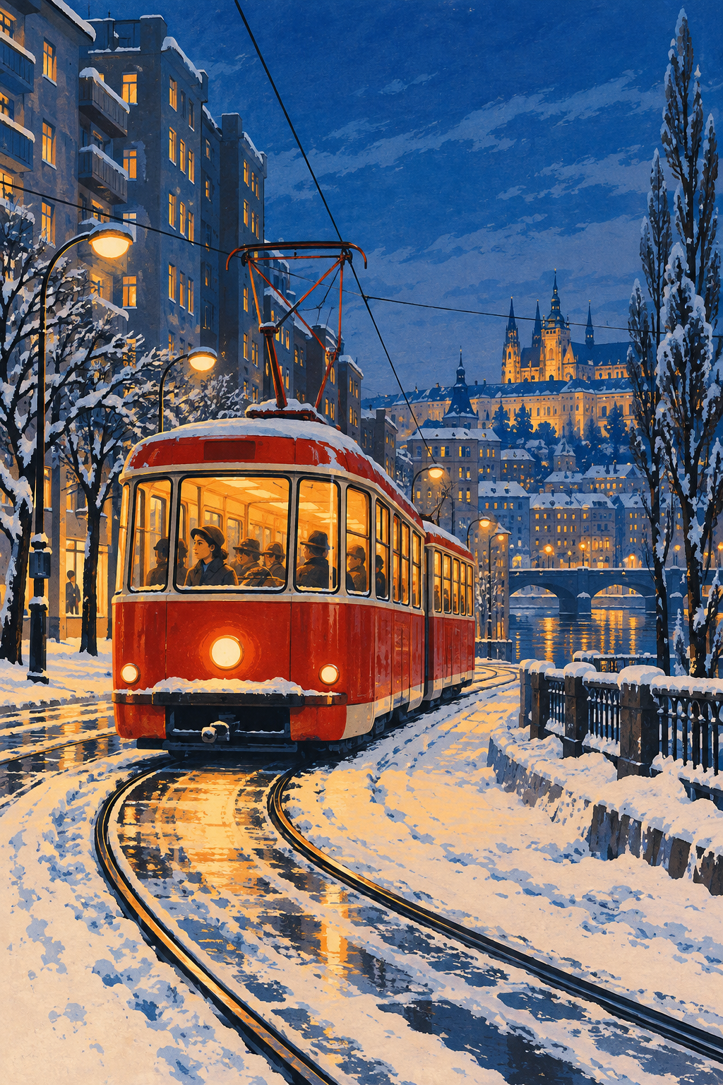 A red tram winds through a snow-covered city at dusk, its amber windows lighting the blue winter evening.