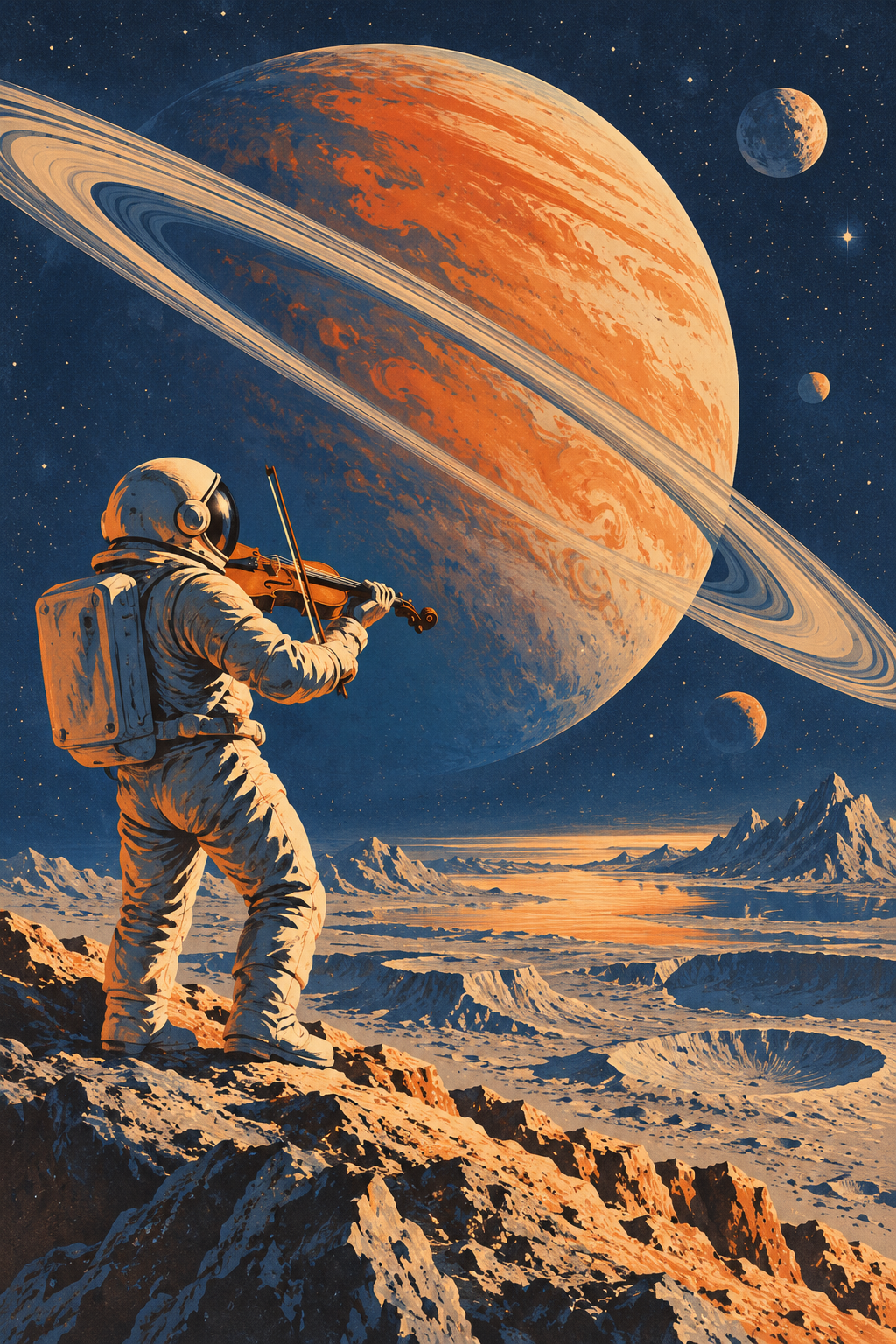 A suited space traveller plays a violin beneath an immense ringed planet.
