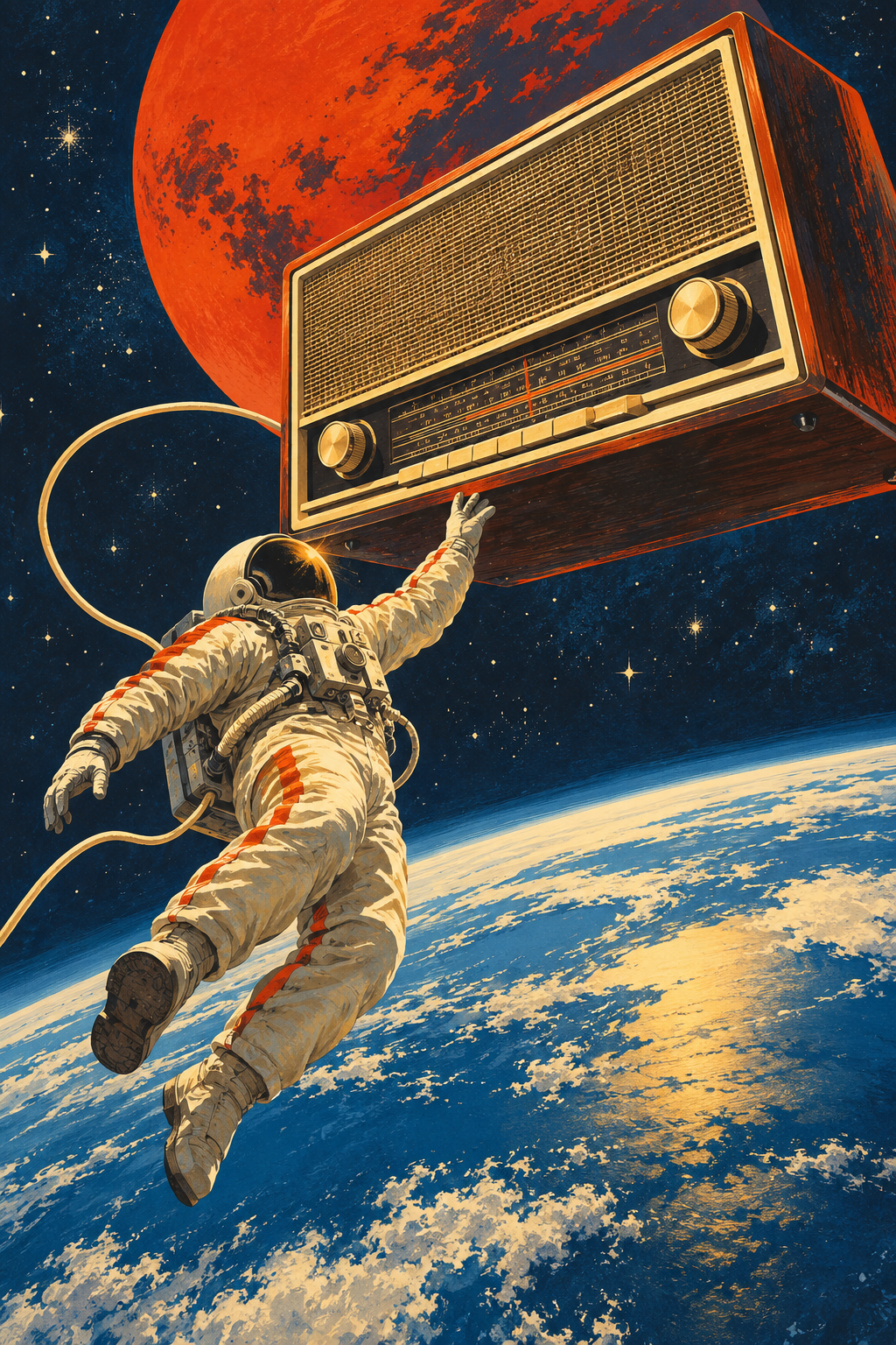 Cosmonaut reaching towards a floating analogue radio above Earth