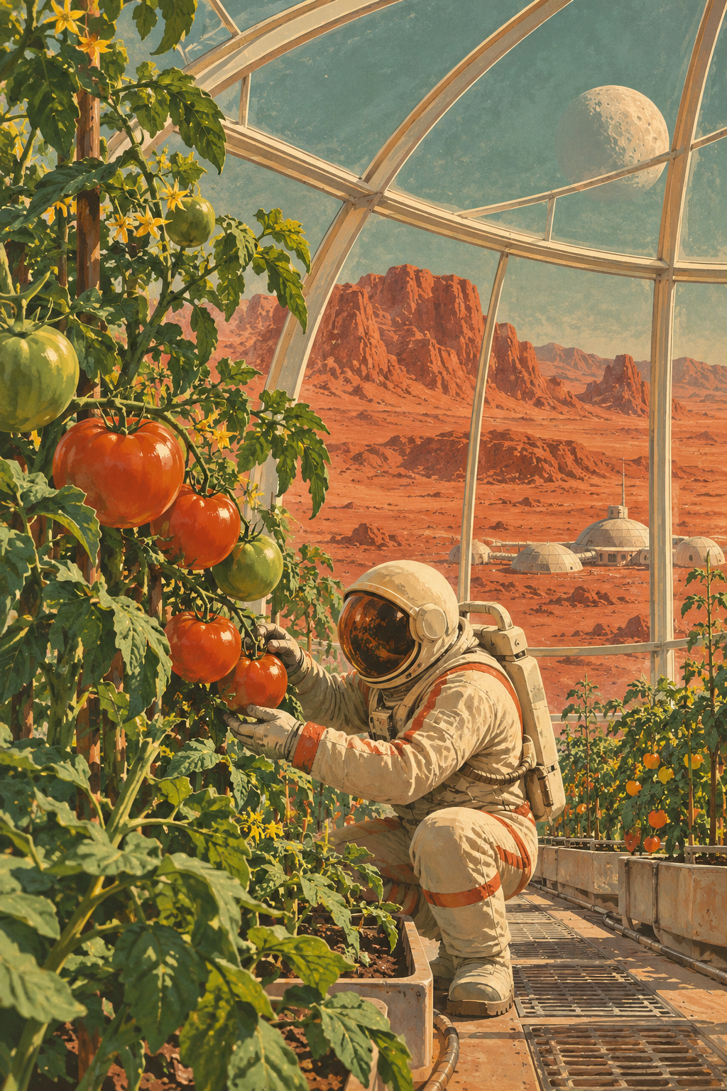 A cosmonaut tends tomato plants inside a greenhouse overlooking an imagined Martian landscape.