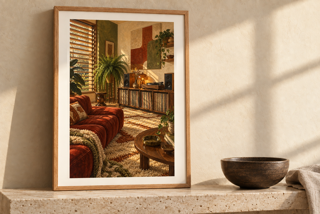 Red Velvet Sunday artwork shown in a styled frame setting. Physical art print; frame and accessories not included.