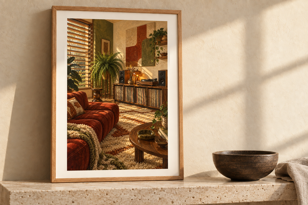 Red Velvet Sunday artwork shown in a styled frame setting. Physical art print; frame and accessories not included.