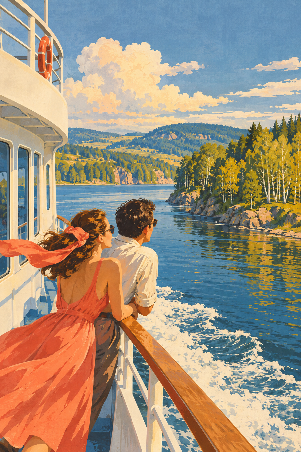 Two travellers lean on a ferry railing as the boat passes wooded riverbanks.