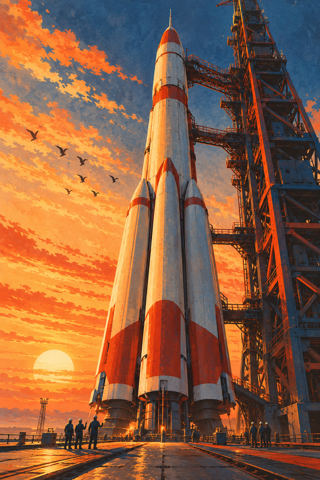 A red-and-white rocket stands beside its launch gantry against an orange dawn sky.
