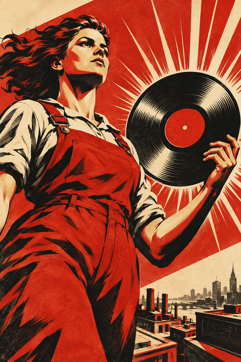 A woman in red work clothes holds a vinyl record beneath radiating cream beams, above an industrial city skyline.