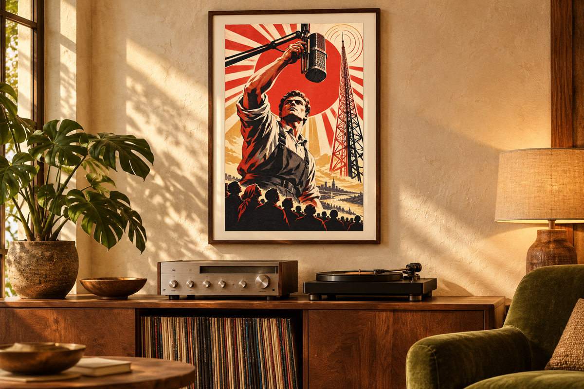 Broadcast Dawn artwork displayed in a listening room. Physical art print; frame and room accessories are not included.