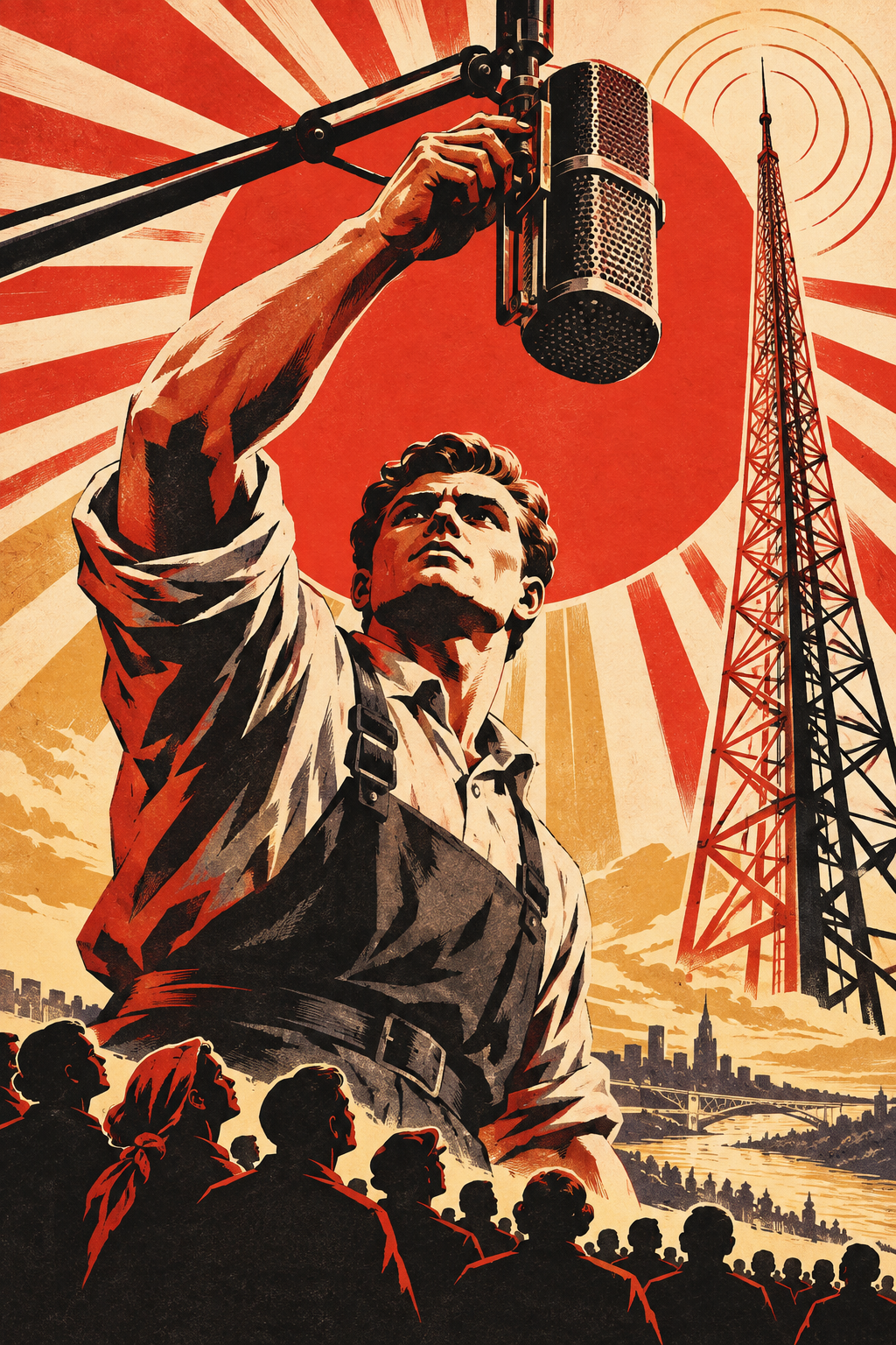 A radio technician reaches towards a suspended vintage microphone, with a transmission tower and listeners below.