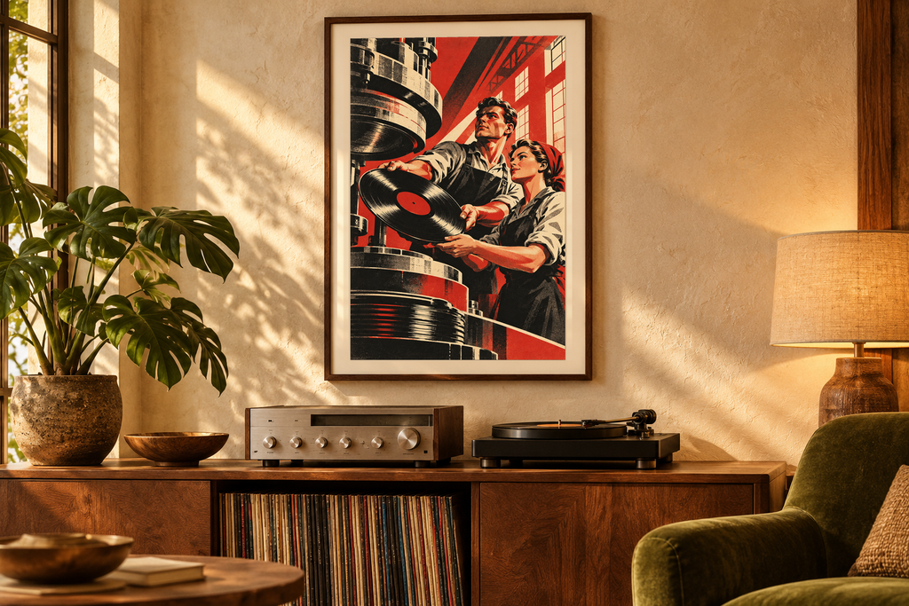 Rhythm Builders artwork displayed in a listening room. Physical art print; frame and room accessories are not included.