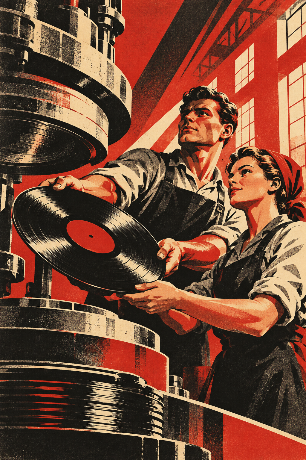 Two record-pressing workers handle a black vinyl record beside an industrial press.