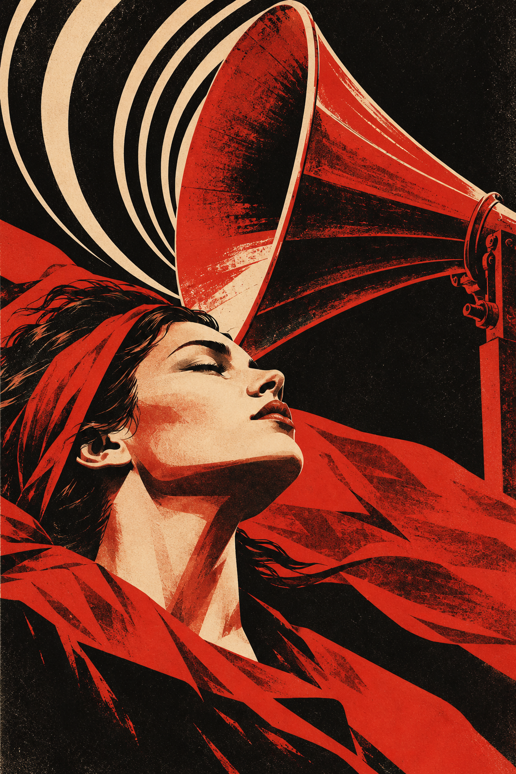 A woman listens beneath an immense red horn loudspeaker, with sweeping cream sound arcs behind her.