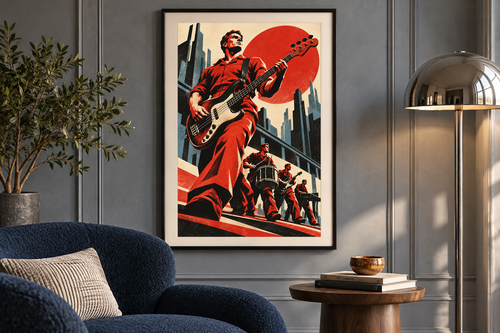 Bassline Brigade artwork displayed in a listening room. Physical art print; frame and room accessories are not included.
