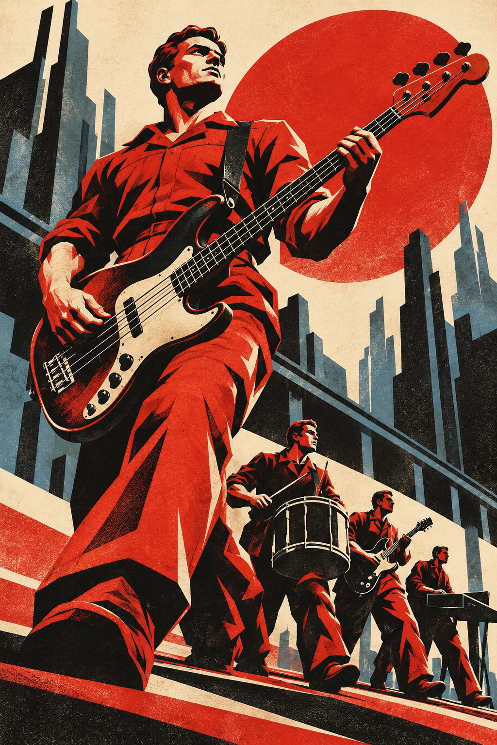 A bass guitarist in red strides forward, followed by musicians against an angular city skyline.