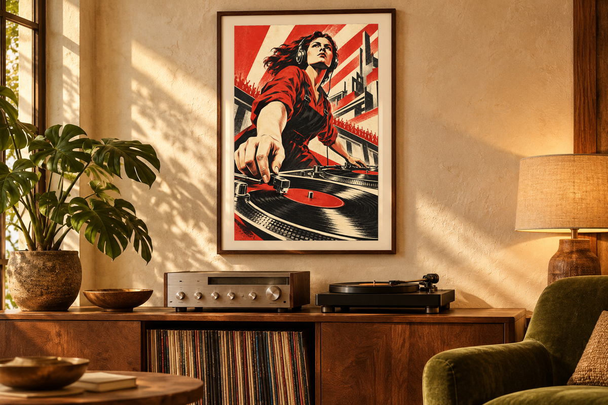 Turntable Command artwork displayed in a listening room. Physical art print; frame and room accessories are not included.