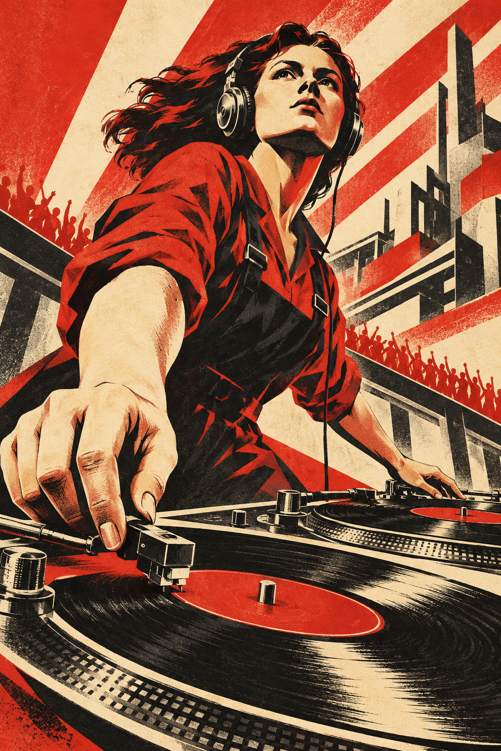 A woman DJ works an analogue turntable beneath dramatic red and cream diagonal beams.