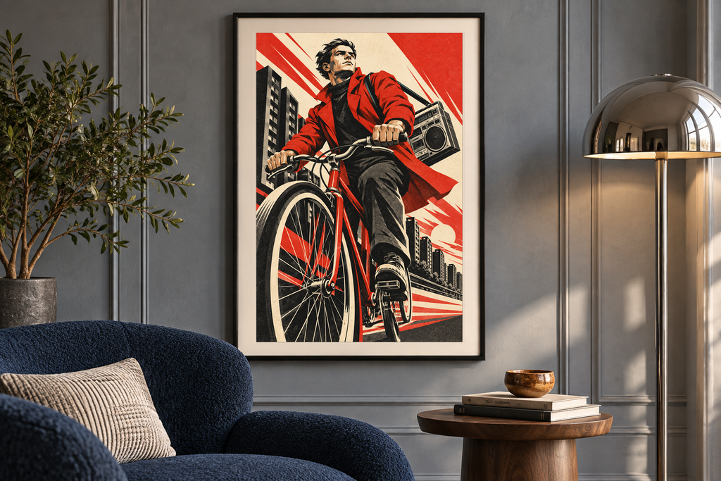 The Cassette Messenger artwork displayed in a listening room. Physical art print; frame and room accessories are not included.