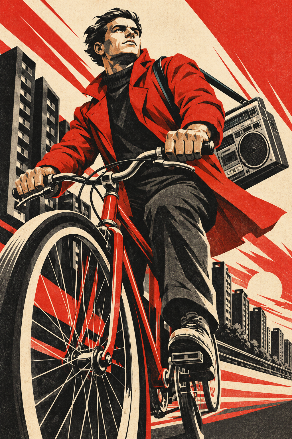 A cyclist in a red coat carries a portable cassette radio through an angular city streetscape.