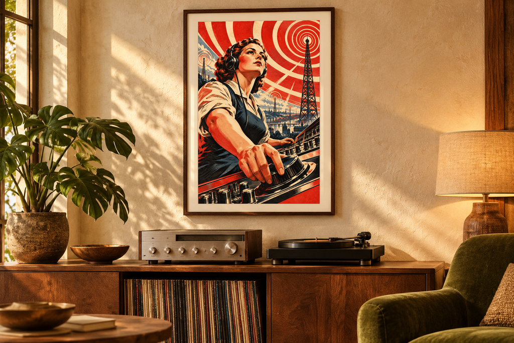 Radio Operator artwork displayed in a listening room. Physical art print; frame and room accessories are not included.