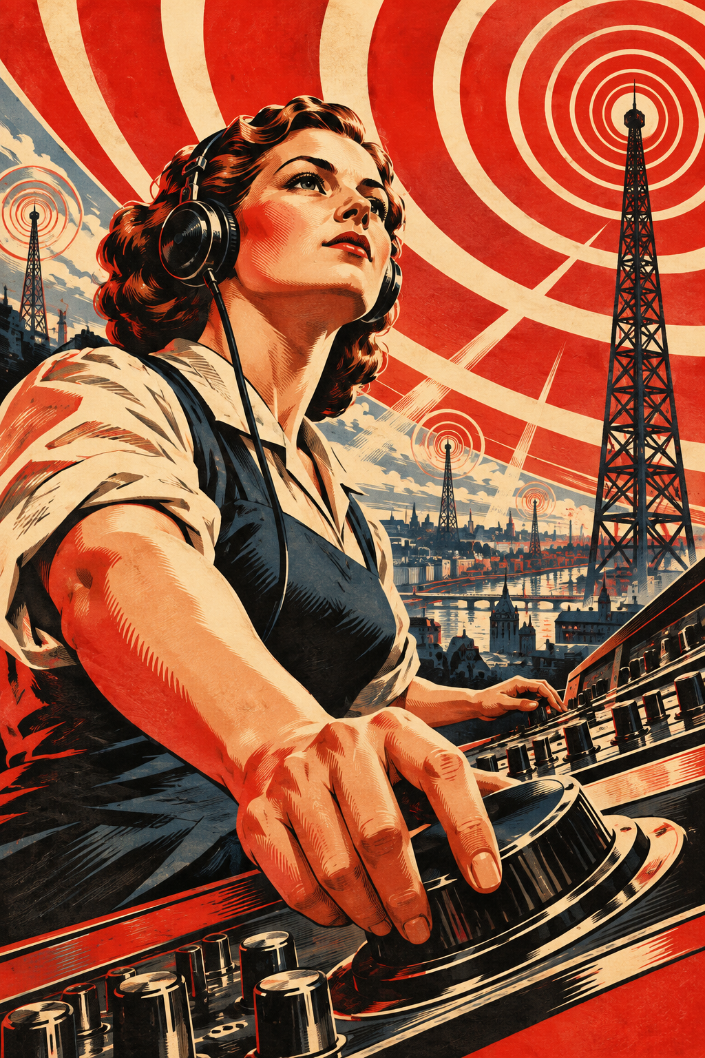 A woman wearing headphones operates a broadcast console beneath concentric transmission rings and radio towers.