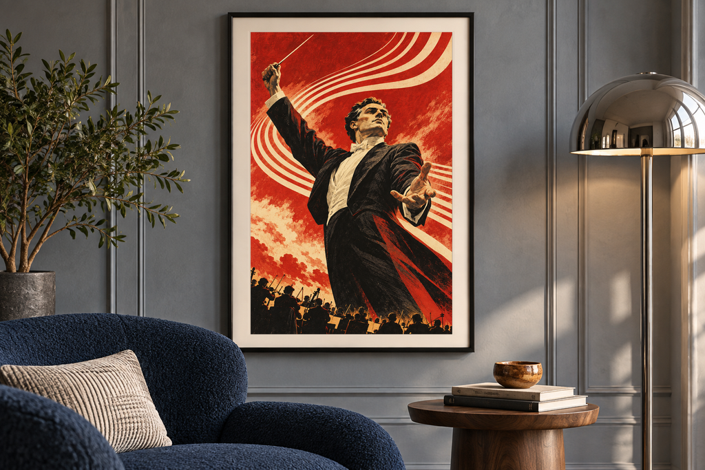 Heroic Conductor artwork displayed in a listening room. Physical art print; frame and room accessories are not included.